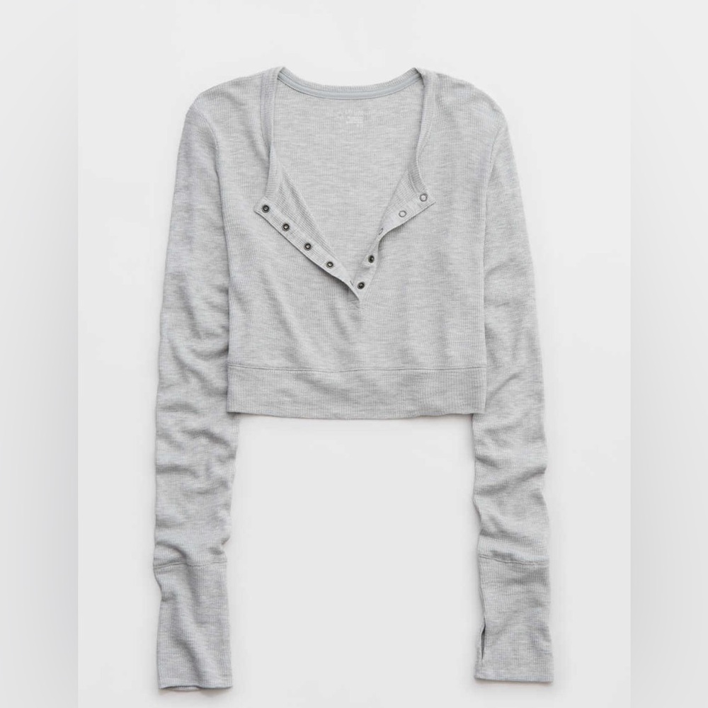 Offline by Aerie thumbs up waffle henley cropped t-shirt in heather grey